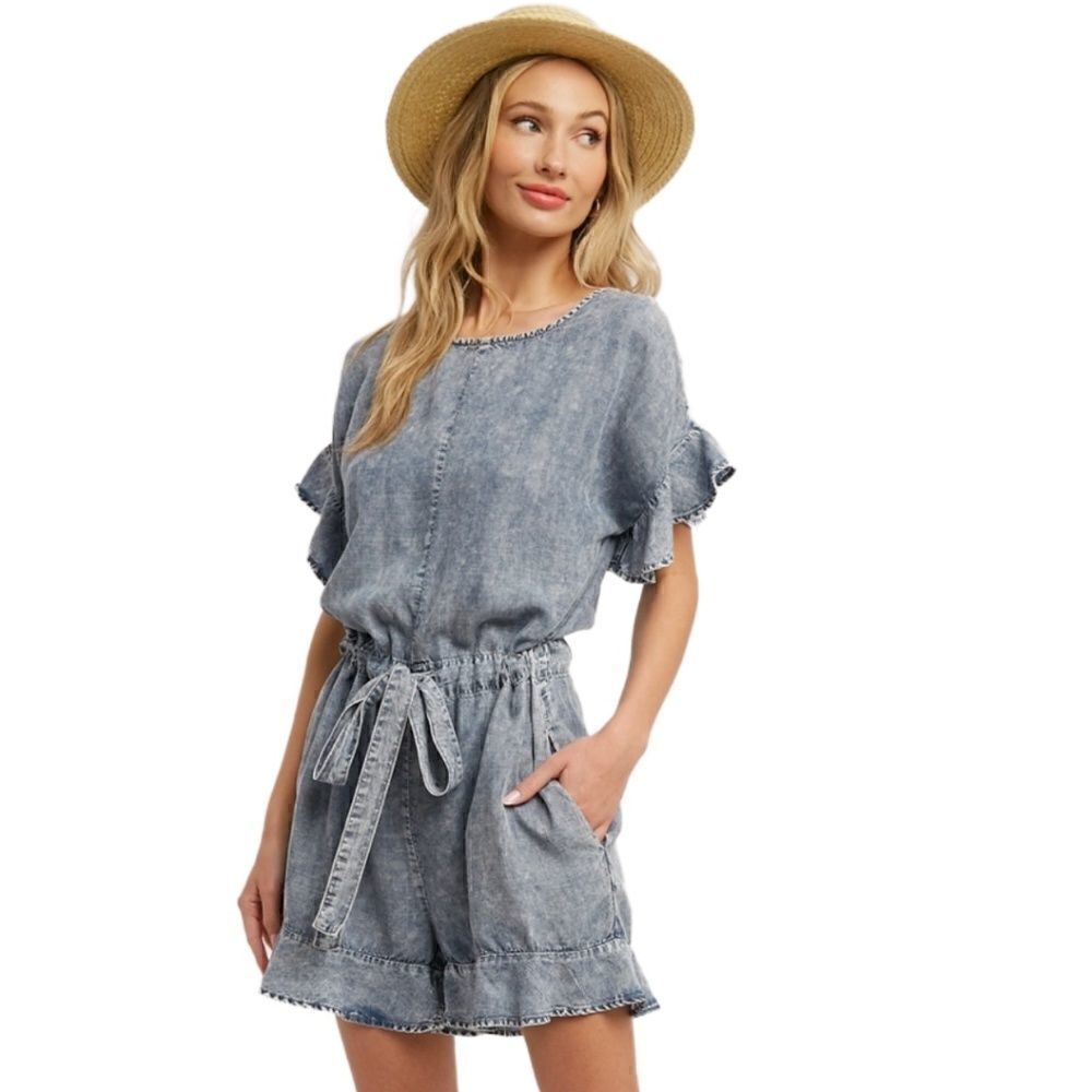 Acid Wash Ruffle Hem Romper